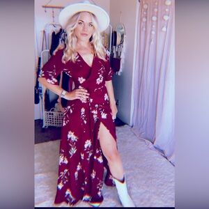 Lulu's Burgundy Floral Wrap Maxi Dress